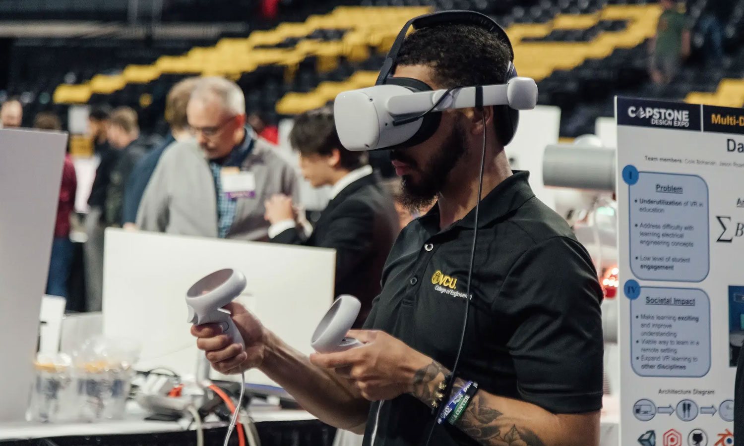 Student using a VR headset at the Capstone Design Expo